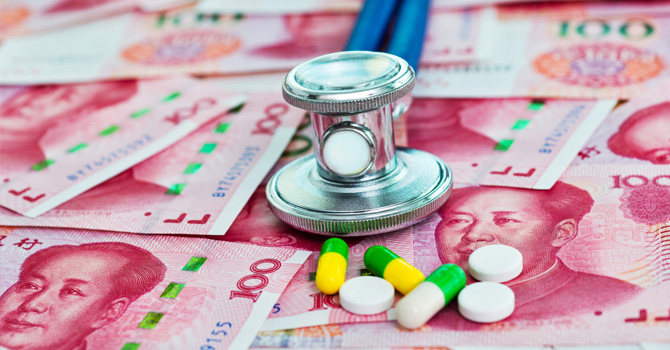Pills on Chinese yuan background