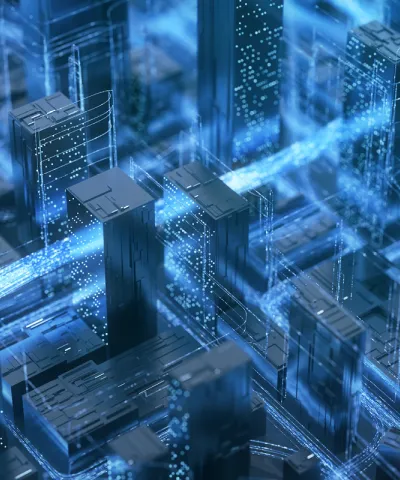 Digitally generated banner showing light paths through dark buildings
