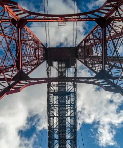 Image of red pylon structure taken from below