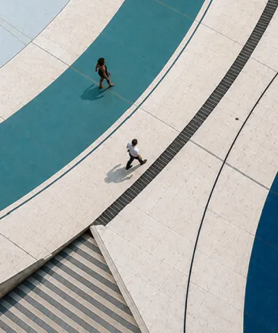 people on swirls of blue
