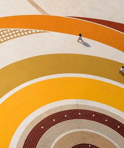 people standing on mustard colour swirls