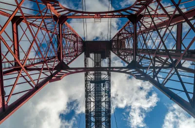 Image of red pylon structure taken from below