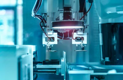 Industrial machinery with shining light on blue background