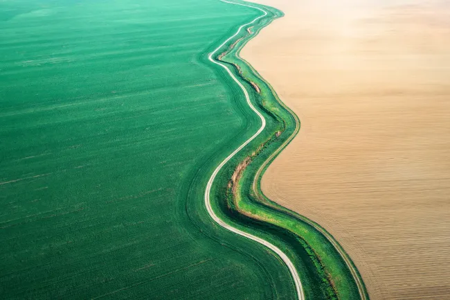 Commercializing B2B sustainability: Image of green and barren fields meeting in a winding track
