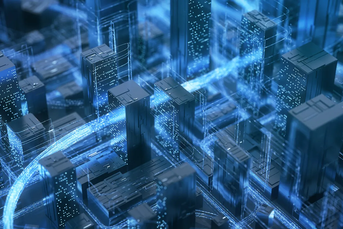 Digitally generated banner showing light paths through dark buildings