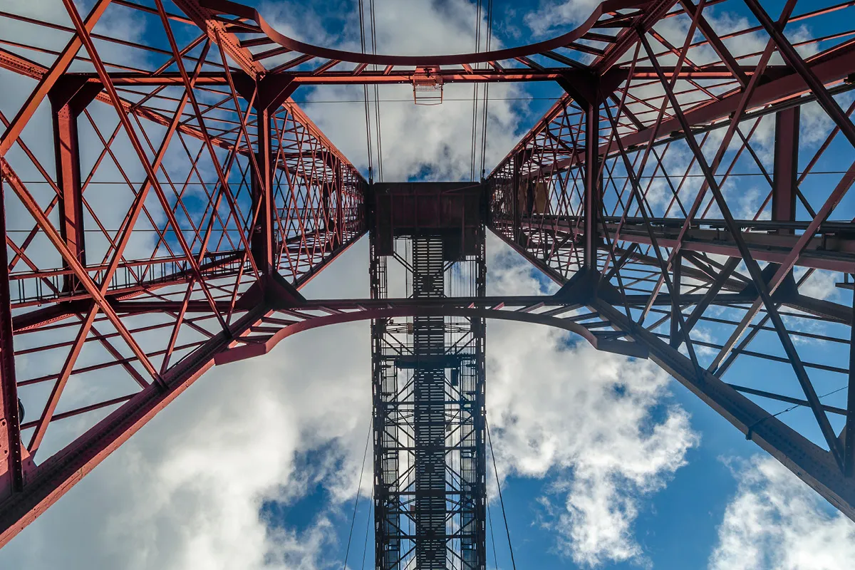 Image of red pylon structure taken from below