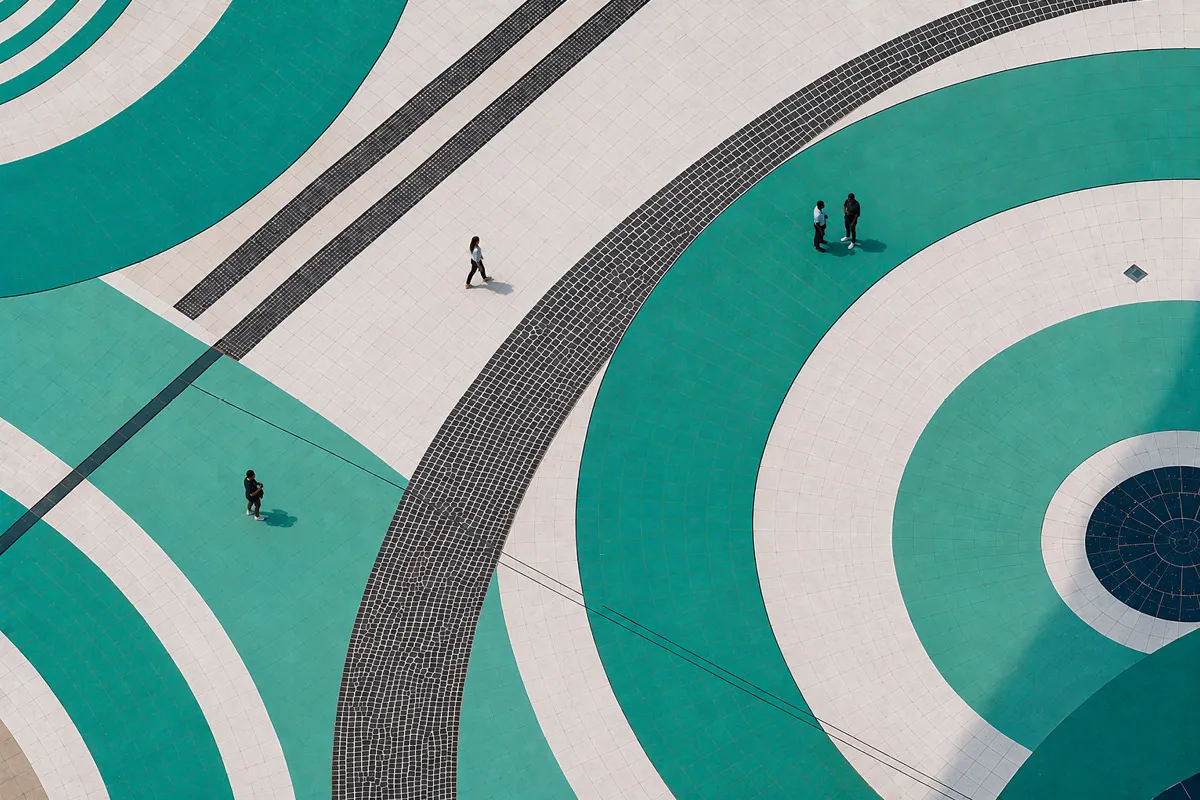 people standing on teal swirls