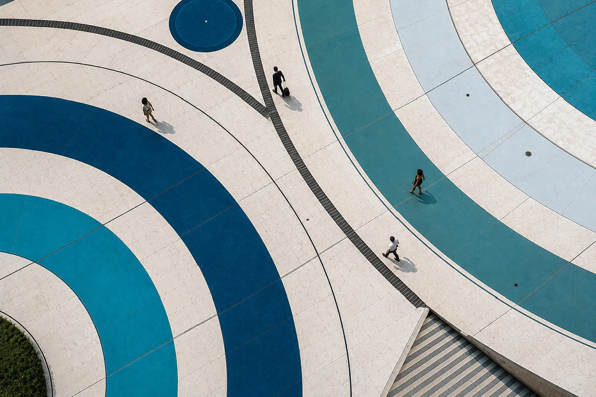 people standing on swirls of blue